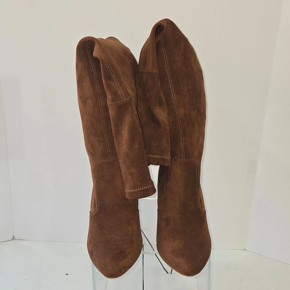 Justfab Brown Faux Suede Over The Knee Boots Block Heel Pointed Toe 8M